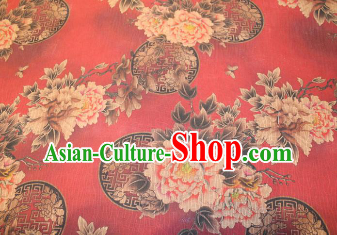 Chinese Classical Peony Pattern Silk Drapery Traditional Gambiered Guangdong Gauze Cheongsam Red Satin Fabric