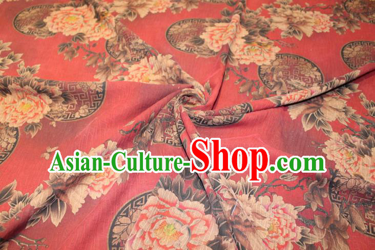 Chinese Classical Peony Pattern Silk Drapery Traditional Gambiered Guangdong Gauze Cheongsam Red Satin Fabric