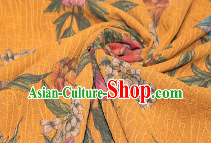 Chinese Classical Flowers Pattern Silk Drapery Traditional Gambiered Guangdong Gauze Cheongsam Yellow Satin Fabric