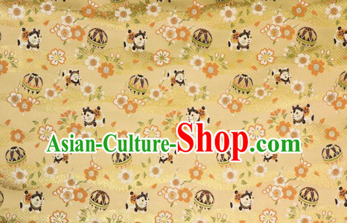 Asian Japanese Traditional Dog Pattern Design Yellow Brocade Kimono Fabric Nishijin Tapestry Satin