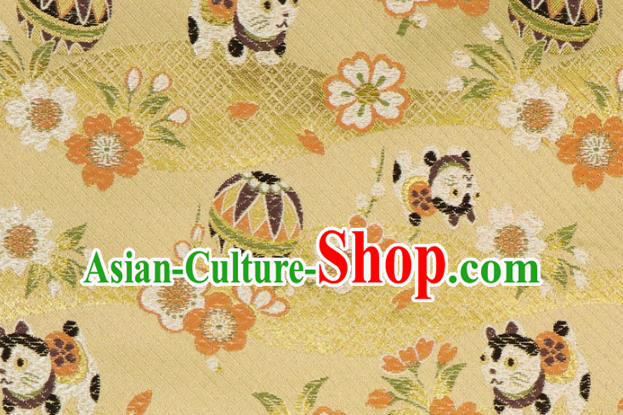 Asian Japanese Traditional Dog Pattern Design Yellow Brocade Kimono Fabric Nishijin Tapestry Satin