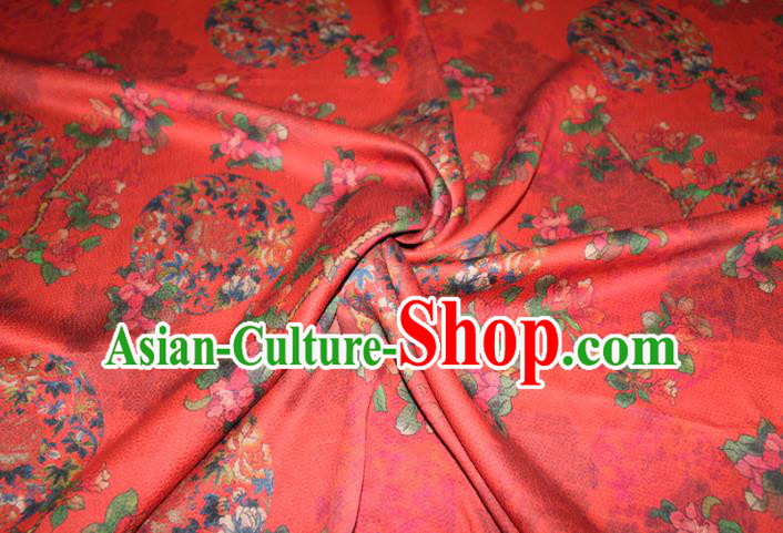 Chinese Traditional Red Gambiered Guangdong Gauze Cheongsam Satin Fabric Classical Flowers Pattern Silk Drapery