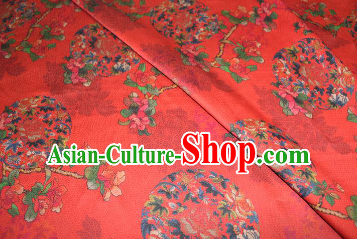Chinese Traditional Red Gambiered Guangdong Gauze Cheongsam Satin Fabric Classical Flowers Pattern Silk Drapery