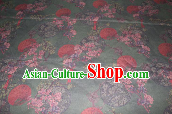 Chinese Cheongsam Green Satin Fabric Traditional Gambiered Guangdong Gauze Classical Mangnolia Pattern Silk Drapery