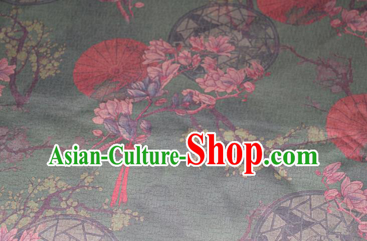Chinese Cheongsam Green Satin Fabric Traditional Gambiered Guangdong Gauze Classical Mangnolia Pattern Silk Drapery