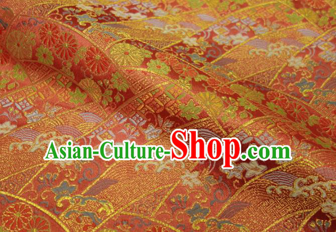 Asian Japanese Nishijin Red Tapestry Satin Traditional Chrysanthemum Pattern Design Brocade Kimono Fabric