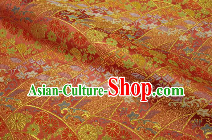 Asian Japanese Nishijin Red Tapestry Satin Traditional Chrysanthemum Pattern Design Brocade Kimono Fabric