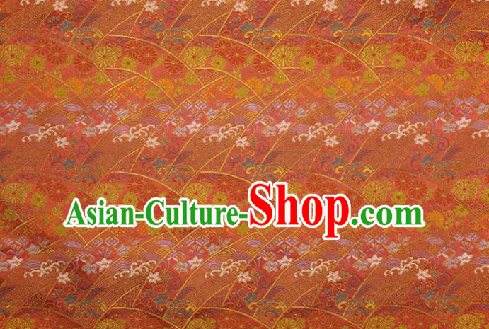 Asian Japanese Nishijin Red Tapestry Satin Traditional Chrysanthemum Pattern Design Brocade Kimono Fabric