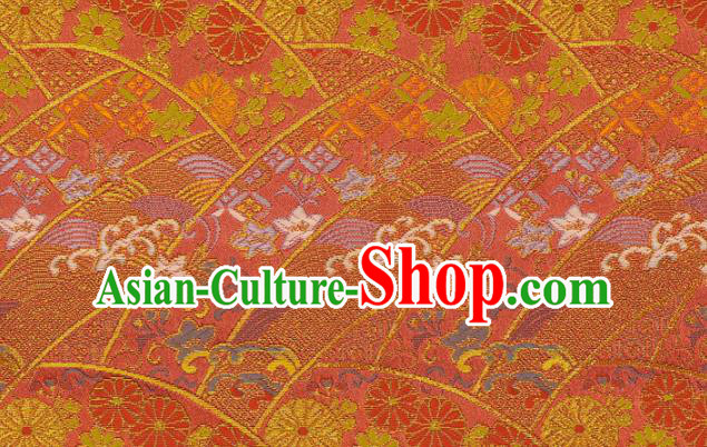 Asian Japanese Nishijin Red Tapestry Satin Traditional Chrysanthemum Pattern Design Brocade Kimono Fabric