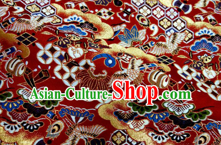 Asian Japanese Nishijin Tapestry Satin Kimono Fabric Traditional Crane Pattern Design Red Brocade
