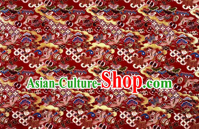 Asian Japanese Nishijin Tapestry Satin Kimono Fabric Traditional Crane Pattern Design Red Brocade