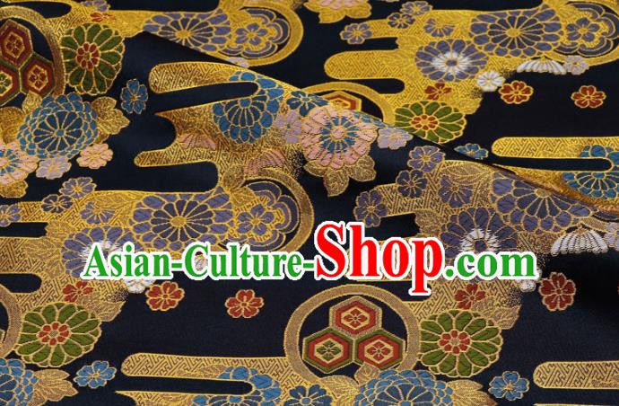 Asian Kimono Cloth Fabric Traditional Chrysanthemum Pattern Design Black Brocade Japanese Nishijin Tapestry Satin