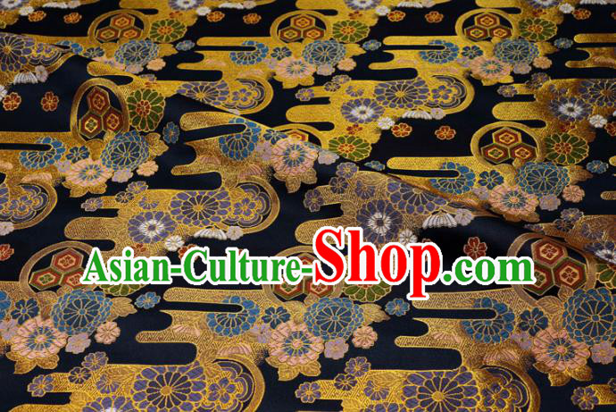 Asian Kimono Cloth Fabric Traditional Chrysanthemum Pattern Design Black Brocade Japanese Nishijin Tapestry Satin