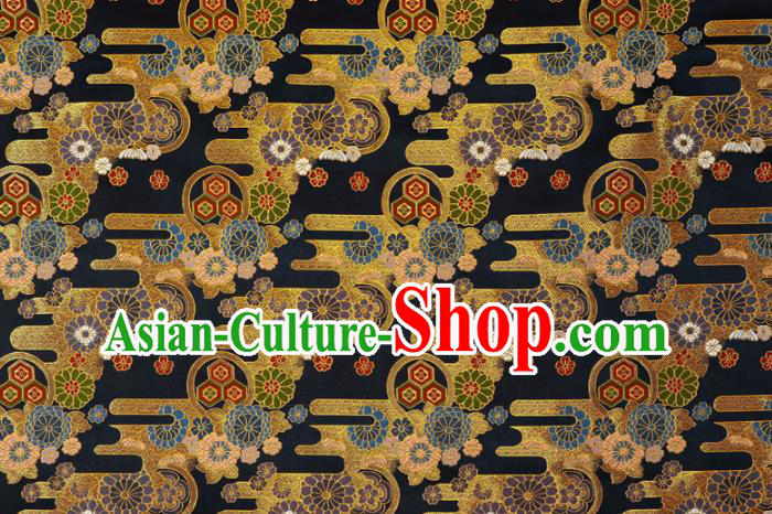 Asian Kimono Cloth Fabric Traditional Chrysanthemum Pattern Design Black Brocade Japanese Nishijin Tapestry Satin