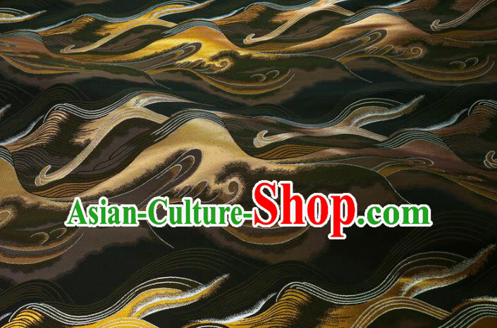 Asian Traditional Wave Pattern Design Brocade Japanese Kimono Nishijin Tapestry Satin Black Cloth Fabric
