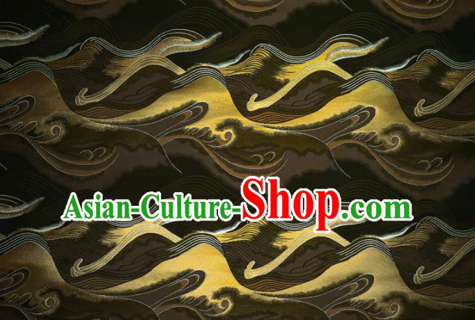 Asian Traditional Wave Pattern Design Brocade Japanese Kimono Nishijin Tapestry Satin Black Cloth Fabric