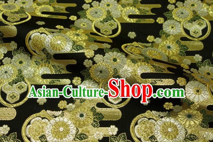 Asian Kimono Nishijin Tapestry Satin Traditional Chrysanthemum Pattern Design Black Brocade Japanese Cloth Fabric