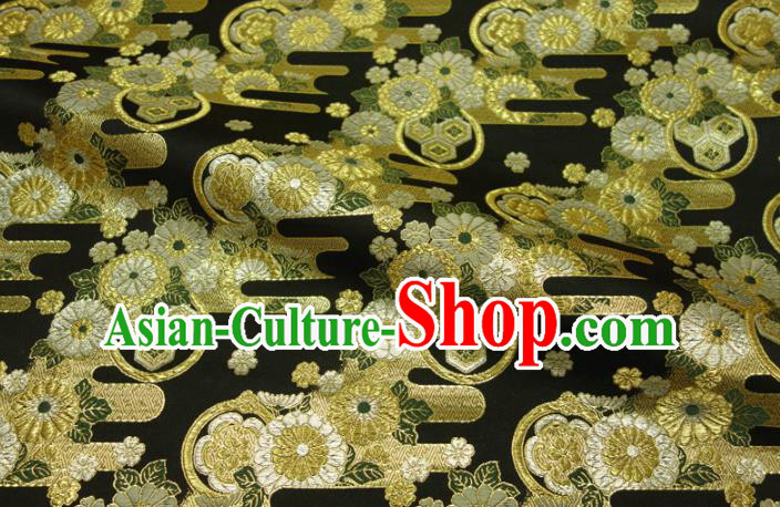 Asian Kimono Nishijin Tapestry Satin Traditional Chrysanthemum Pattern Design Black Brocade Japanese Cloth Fabric