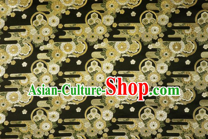 Asian Kimono Nishijin Tapestry Satin Traditional Chrysanthemum Pattern Design Black Brocade Japanese Cloth Fabric