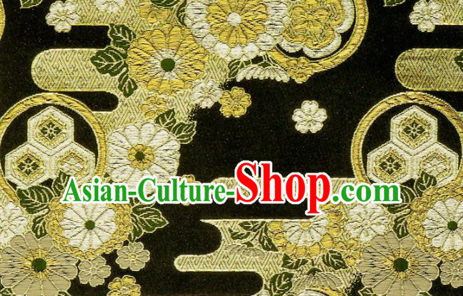 Asian Kimono Nishijin Tapestry Satin Traditional Chrysanthemum Pattern Design Black Brocade Japanese Cloth Fabric