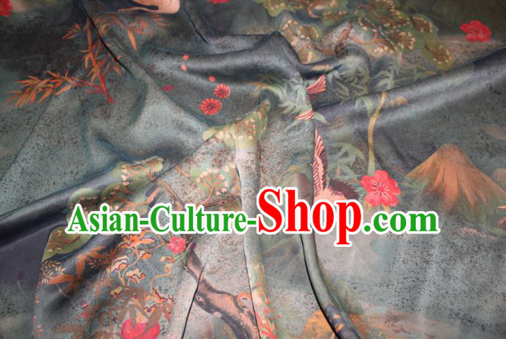 Chinese Classical Pine Cranes Pattern Silk Drapery Deep Green Gambiered Guangdong Gauze Traditional Cheongsam Fabric