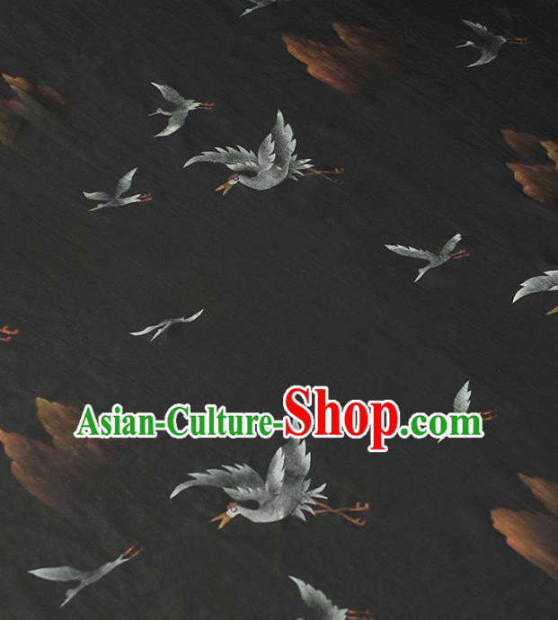 Chinese Classical Cranes Pattern Silk Drapery Traditional Gambiered Guangdong Gauze Cheongsam Black Satin Fabric