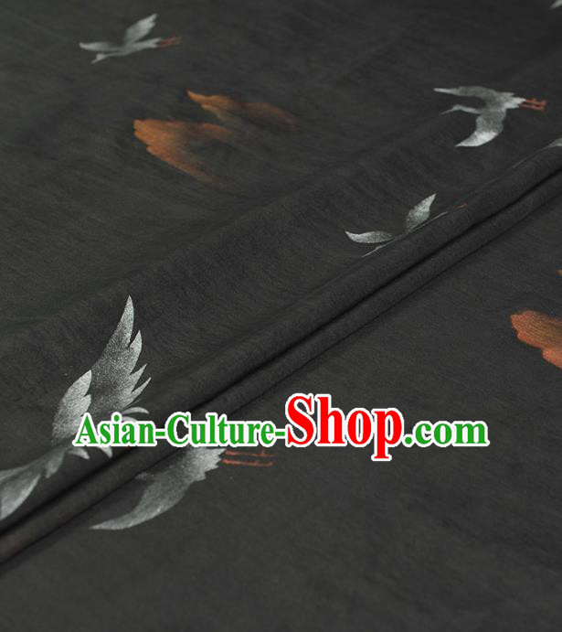 Chinese Classical Cranes Pattern Silk Drapery Traditional Gambiered Guangdong Gauze Cheongsam Black Satin Fabric