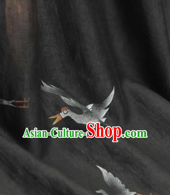 Chinese Classical Cranes Pattern Silk Drapery Traditional Gambiered Guangdong Gauze Cheongsam Black Satin Fabric