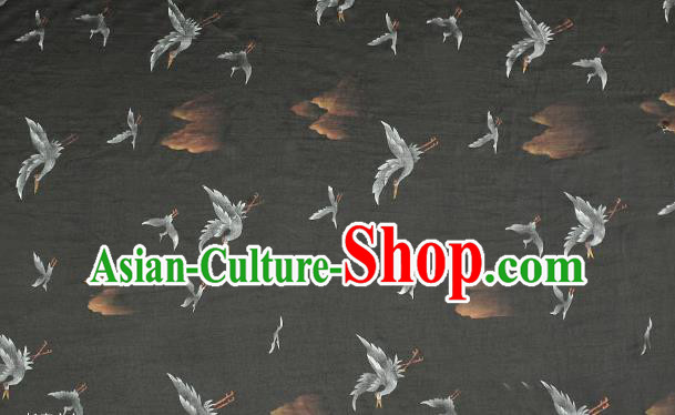 Chinese Classical Cranes Pattern Silk Drapery Traditional Gambiered Guangdong Gauze Cheongsam Black Satin Fabric
