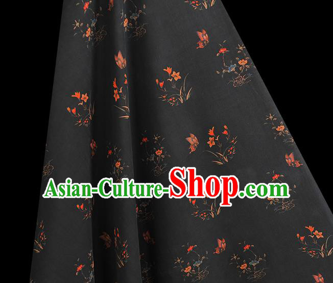 Chinese Black Gambiered Guangdong Gauze Traditional Cheongsam Silk Fabric Classical Orchids Pattern Silk Drapery