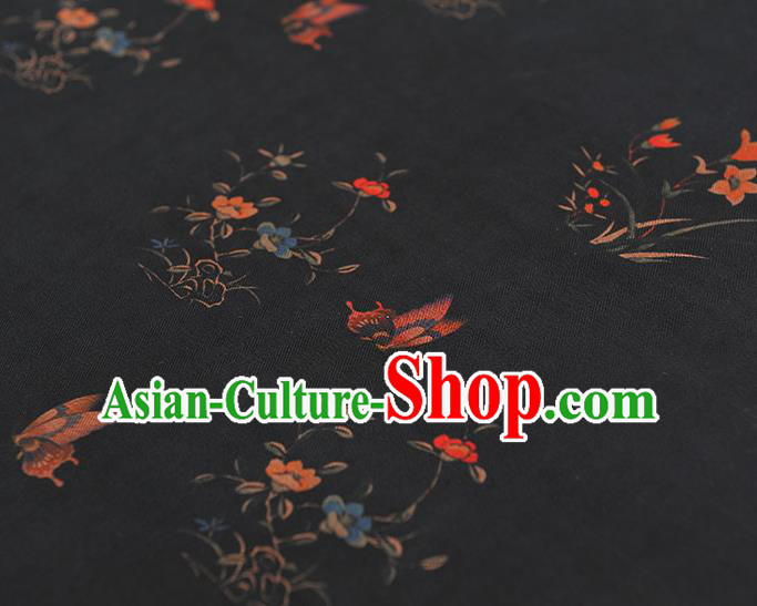 Chinese Black Gambiered Guangdong Gauze Traditional Cheongsam Silk Fabric Classical Orchids Pattern Silk Drapery