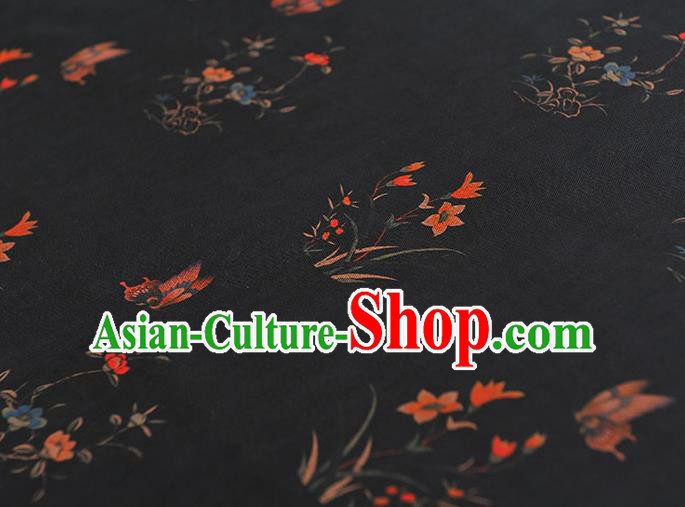 Chinese Black Gambiered Guangdong Gauze Traditional Cheongsam Silk Fabric Classical Orchids Pattern Silk Drapery