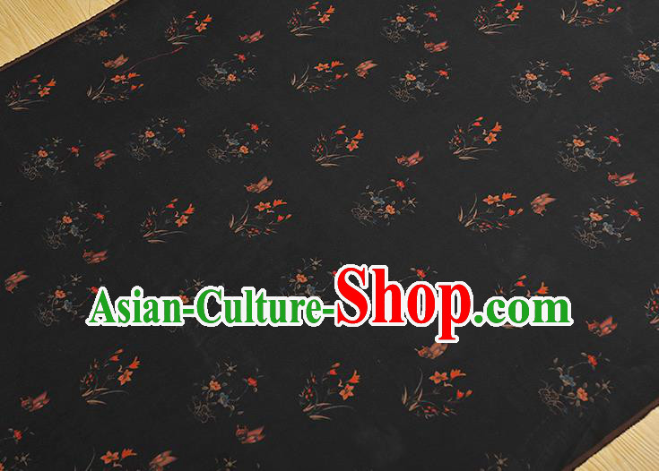 Chinese Black Gambiered Guangdong Gauze Traditional Cheongsam Silk Fabric Classical Orchids Pattern Silk Drapery