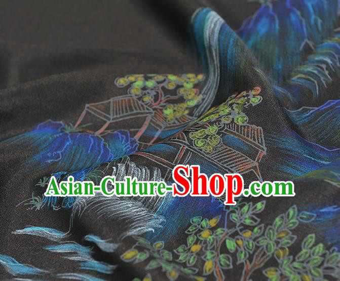 China Classical Landscape Pattern Silk Fabric Cheongsam Cloth Traditional Black Jacquard Satin