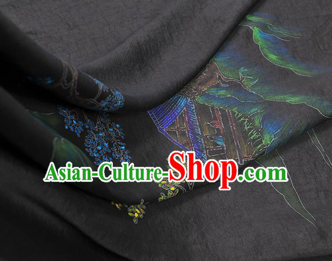 China Classical Printing Pavilion Pattern Silk Fabric Traditional Cheongsam Cloth Black Jacquard Satin
