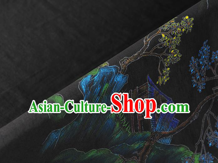 China Classical Printing Pavilion Pattern Silk Fabric Traditional Cheongsam Cloth Black Jacquard Satin