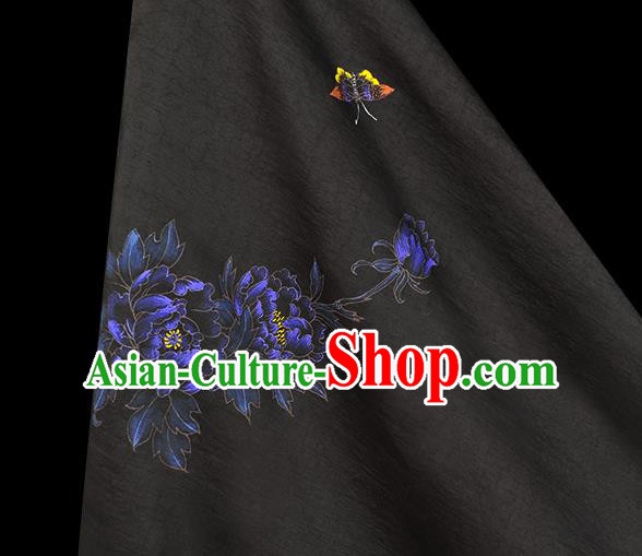 China Jacquard Satin Traditional Classical Printing Peony Butterfly Pattern Black Silk Fabric Cheongsam Cloth