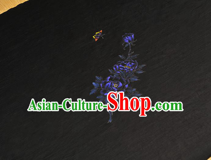 China Jacquard Satin Traditional Classical Printing Peony Butterfly Pattern Black Silk Fabric Cheongsam Cloth