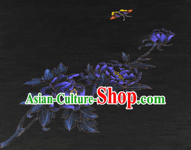 China Jacquard Satin Traditional Classical Printing Peony Butterfly Pattern Black Silk Fabric Cheongsam Cloth