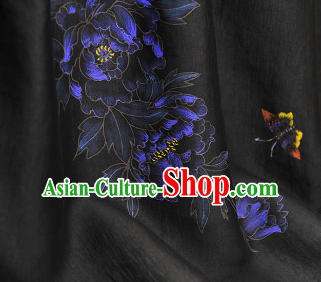 China Jacquard Satin Traditional Classical Printing Peony Butterfly Pattern Black Silk Fabric Cheongsam Cloth
