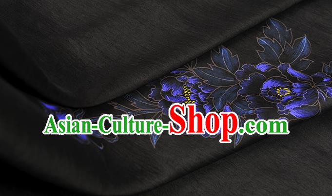 China Jacquard Satin Traditional Classical Printing Peony Butterfly Pattern Black Silk Fabric Cheongsam Cloth