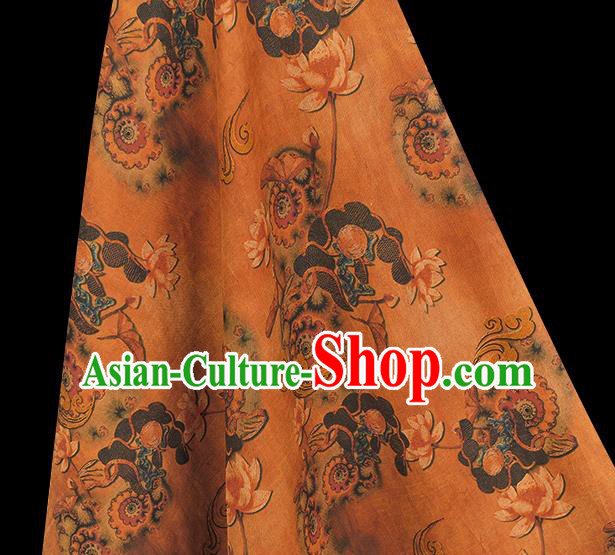 Chinese Classical Lotus Pattern Ginger Gambiered Guangdong Gauze Cheongsam Cloth Fabric Traditional Silk Drapery