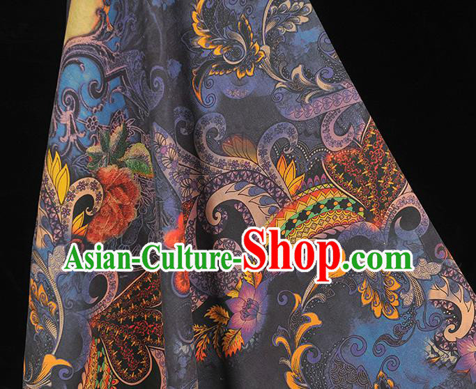 Chinese Cheongsam Cloth Fabric Traditional Navy Silk Drapery Classical Lotus Pattern Gambiered Guangdong Gauze