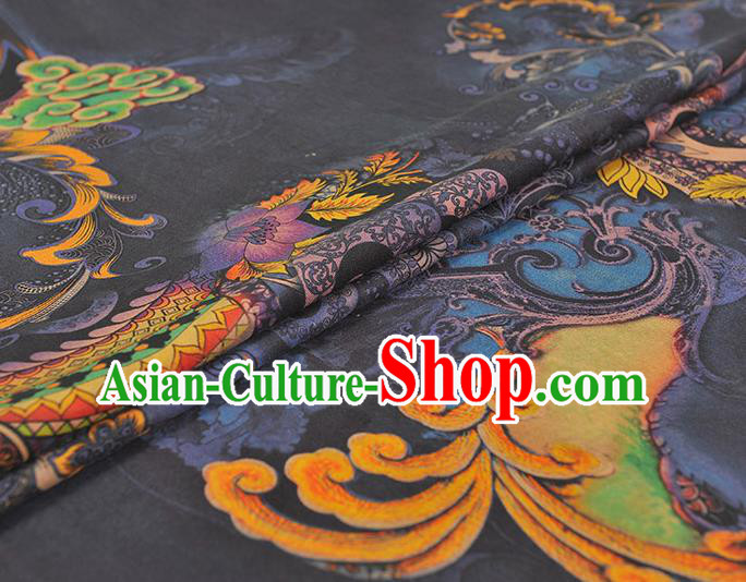 Chinese Cheongsam Cloth Fabric Traditional Navy Silk Drapery Classical Lotus Pattern Gambiered Guangdong Gauze