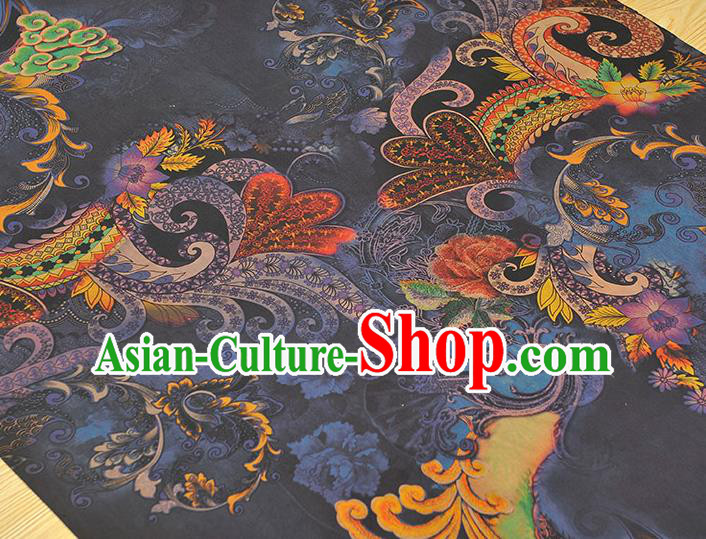 Chinese Cheongsam Cloth Fabric Traditional Navy Silk Drapery Classical Lotus Pattern Gambiered Guangdong Gauze