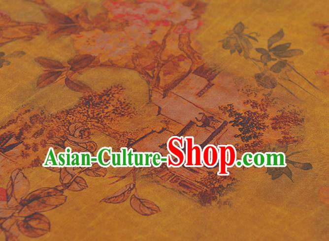 Chinese Yellow Silk Fabric Traditional Cheongsam Cloth Classical Peach Blossom Pattern Gambiered Guangdong Gauze