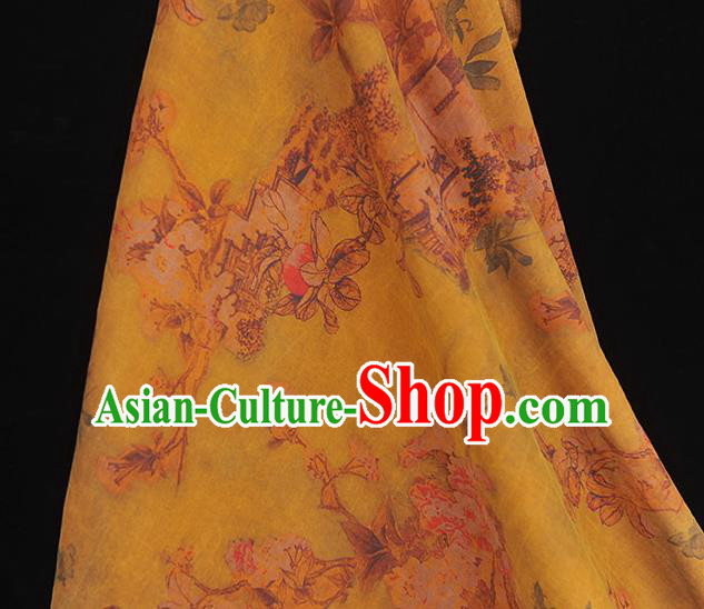 Chinese Yellow Silk Fabric Traditional Cheongsam Cloth Classical Peach Blossom Pattern Gambiered Guangdong Gauze