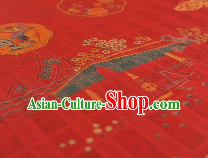 Chinese Traditional Red Gambiered Guangdong Gauze Cheongsam Cloth Classical Bridge Flowers Pattern Silk Fabric