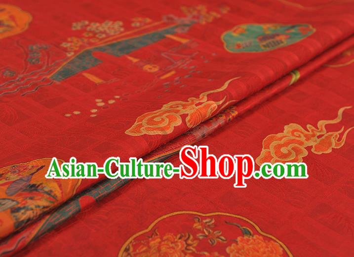Chinese Traditional Red Gambiered Guangdong Gauze Cheongsam Cloth Classical Bridge Flowers Pattern Silk Fabric