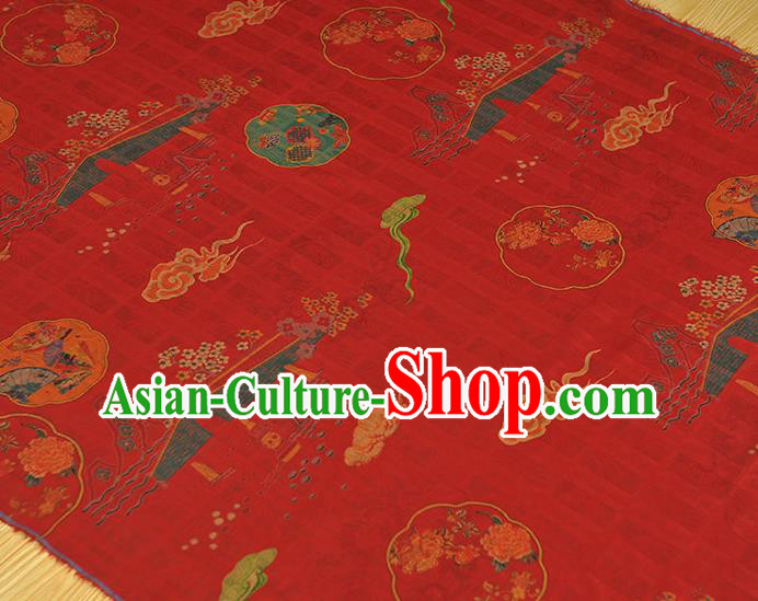 Chinese Traditional Red Gambiered Guangdong Gauze Cheongsam Cloth Classical Bridge Flowers Pattern Silk Fabric